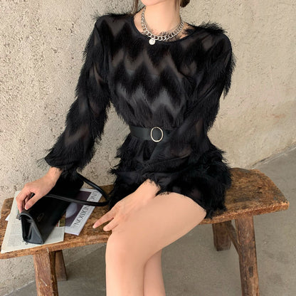 Fringe Long Sleeve Dress With Round Neck And Belt