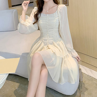 Chiffon Pleated Bodycon Ruffle Irregular Dress