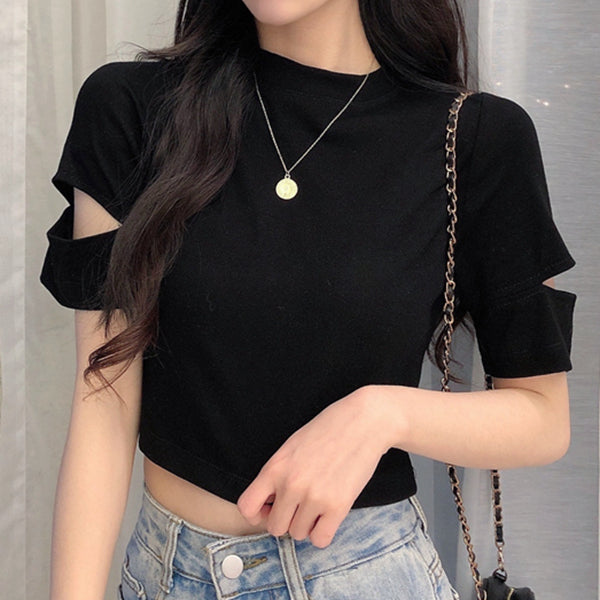 Round Neck Cutout Short Sleeve Loose T-Shirt Top