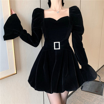 Trumpet Sleeve Velvet Square Neck Waist Black Dress