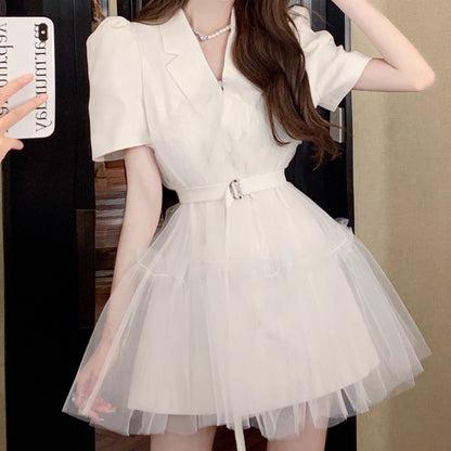 Mesh Suit Collar Waist Puff Sleeve Dress