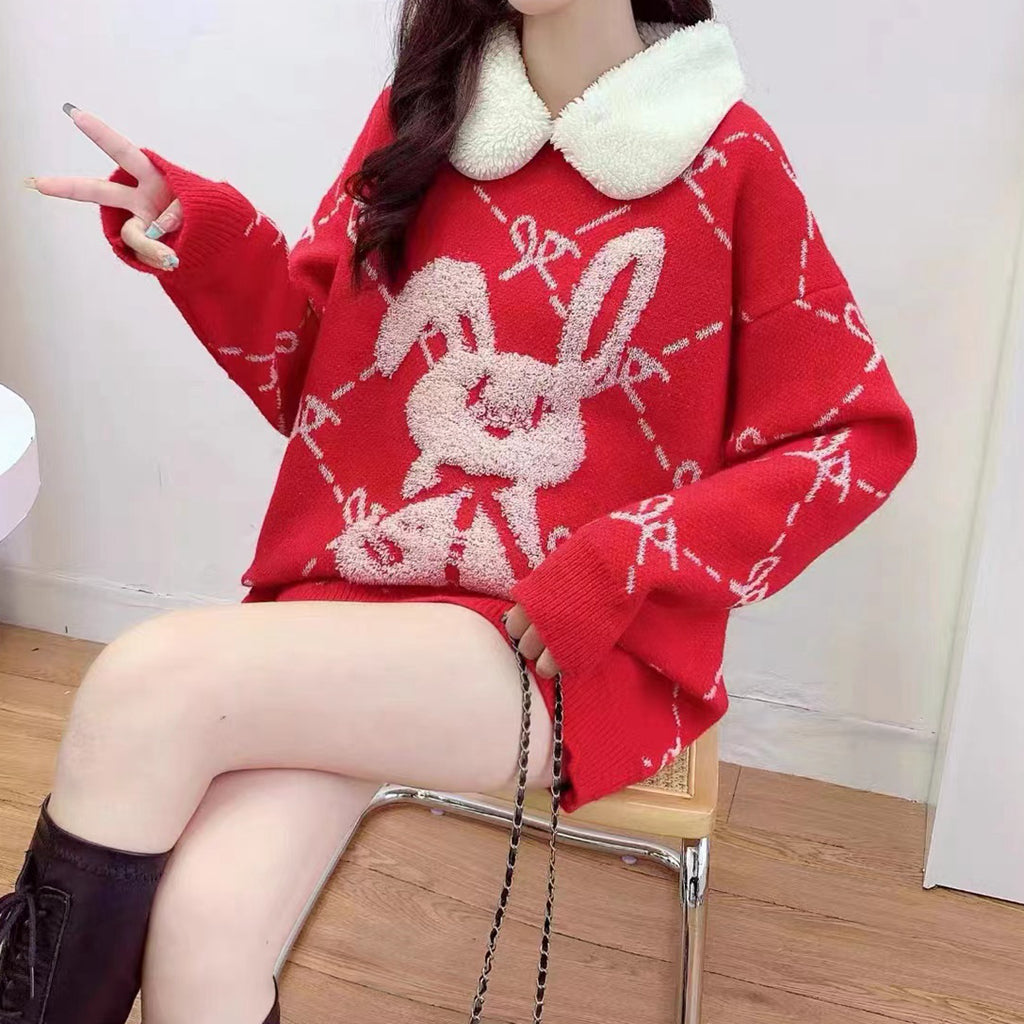 Rabbit Fur Collar Long Sleeve Knit Loose Sweater