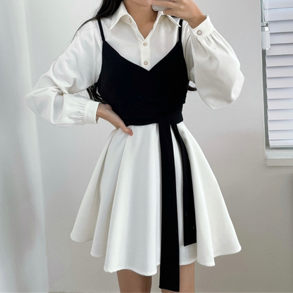 70% Lace Up Crop Top Long Sleeve Shirt Dress Set