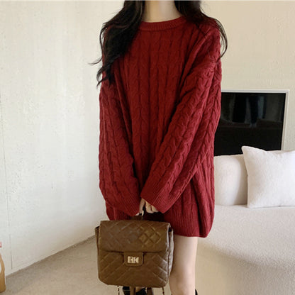 Red Twist Round Neck Loose Knit Sweater Top