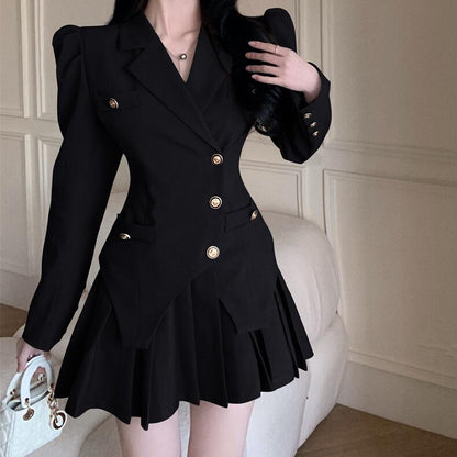 Puff Sleeve Fake Two Piece Irregular Pleated Suit Dress