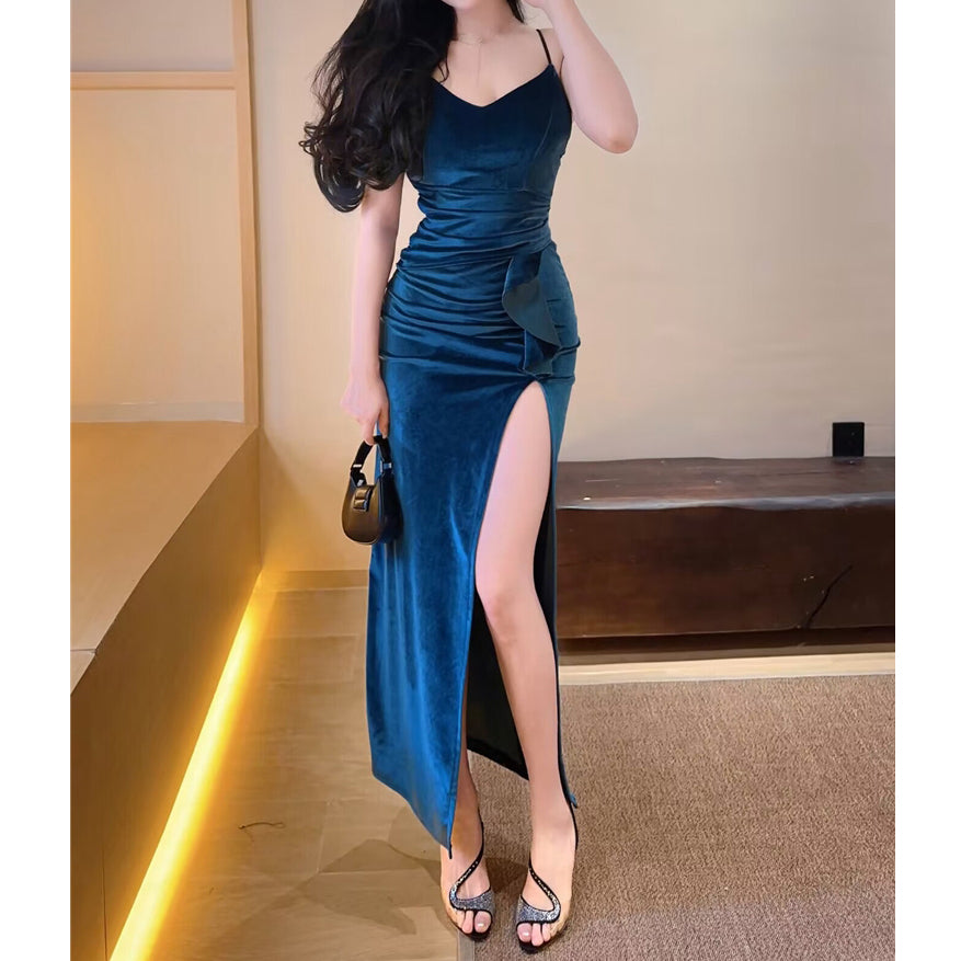 V-Neck Halter Back Slit Velvet Party Dress