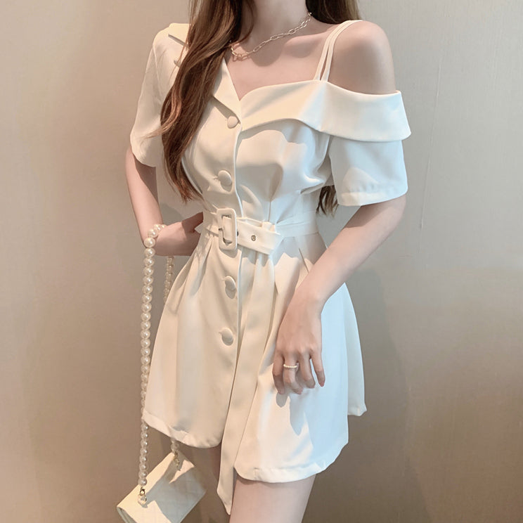 One-Shoulder Belt Waist Short-Sleeved Suit Dress