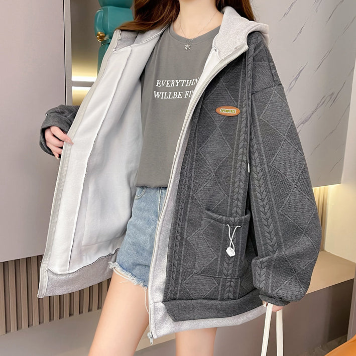 Jacquard Fake Two-Piece Hooded Loose Sweatshirt