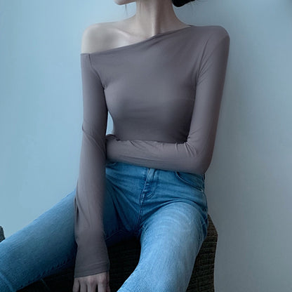 Solid Color Sexy Slanted Shoulder T-Shirt Top