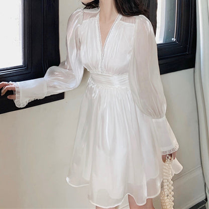 High Waist Ruffled V-Neck Puff Sleeve White Dress