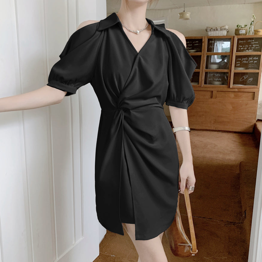 Off-Shoulder Pleated V-Neck Slit Shirt Dress