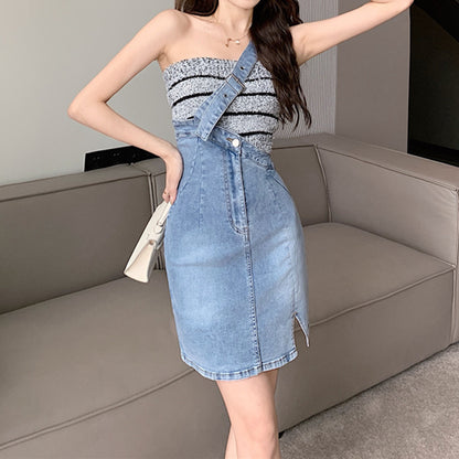 Slit High Waist A-Line Suspenders Denim Skirt