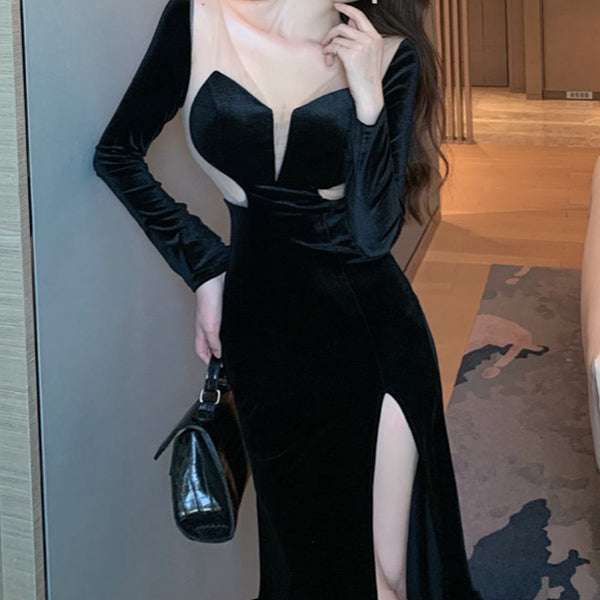 High Waist Slit Slim Fit Long Sleeve Homecoming Black Dress