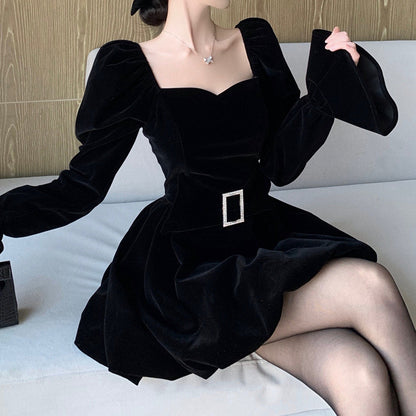 Trumpet Sleeve Velvet Square Neck Waist Black Dress