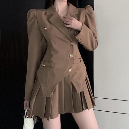 Puff Sleeve Fake Two Piece Irregular Pleated Suit Dress