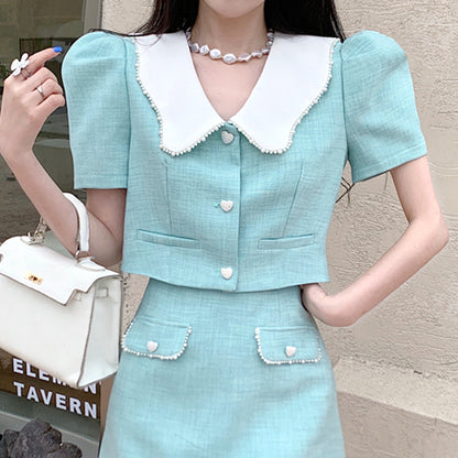 Doll Collar Short Sleeve Jacket High Waist Skirt Set