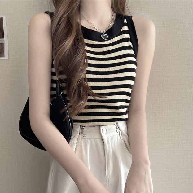 Sleeveless Striped Knit Crewneck Tank Top