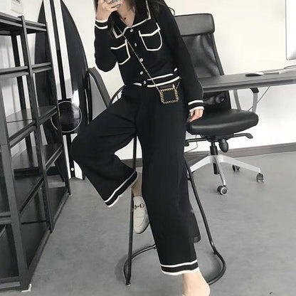 Pocket-Breasted Top Knit Wide-Leg Pant Set