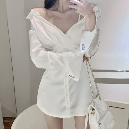 Satin Off Shoulder Long Sleeve Shirt Dress