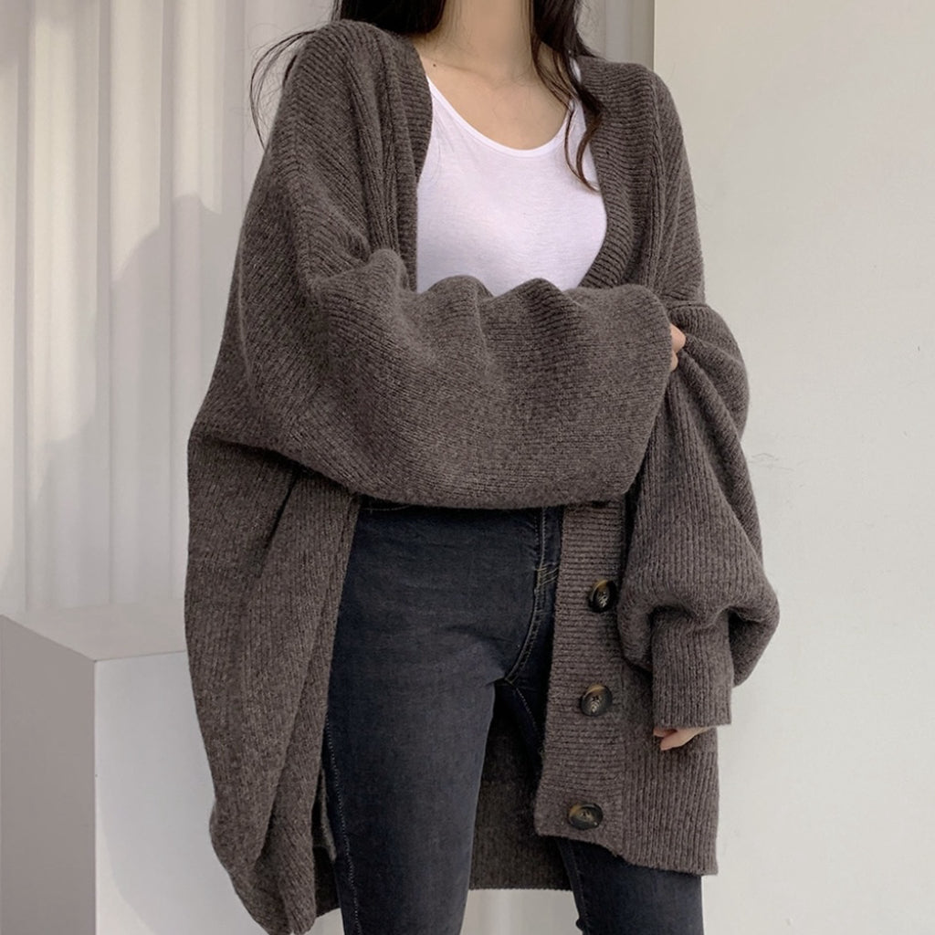 Balloon Sleeve Single Breasted V-Neck Knit Cardigan Winter Clothes