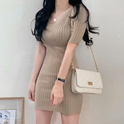 V-Neck Threaded High Waist Icy Silk Dress