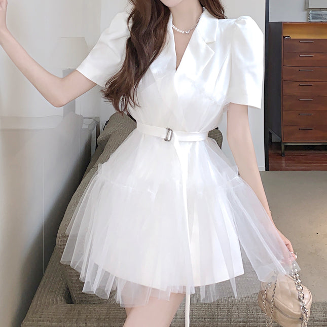 Mesh Suit Collar Waist Puff Sleeve Dress