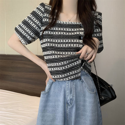 Puff Sleeve Irregular Button Square Neck Cardigan