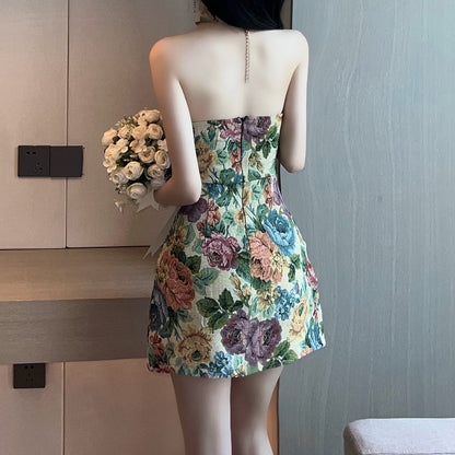 Low Cut Oil Painting Printing Irregular Slit Dress