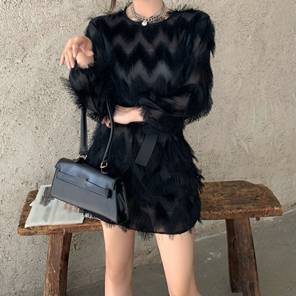 Fringe Long Sleeve Dress With Round Neck And Belt