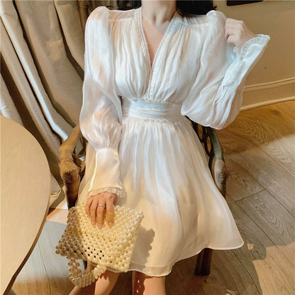 High Waist Ruffled V-Neck Puff Sleeve White Dress