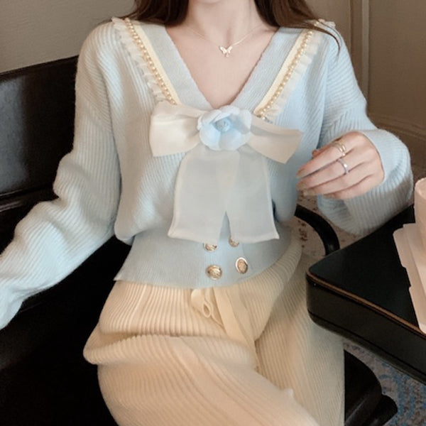 Bow V-Neck Long Sleeve Cropped Knit Cardigan