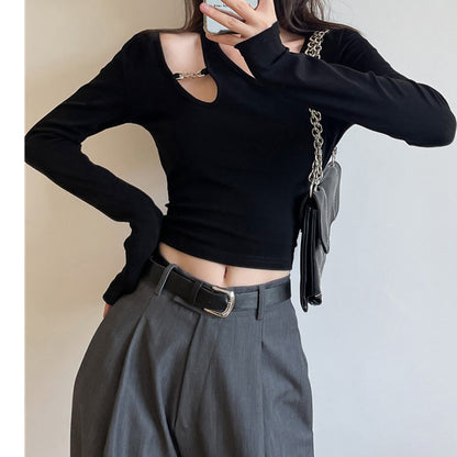 Hollow Long-Sleeve Skinny Cropped T-Shirt Top