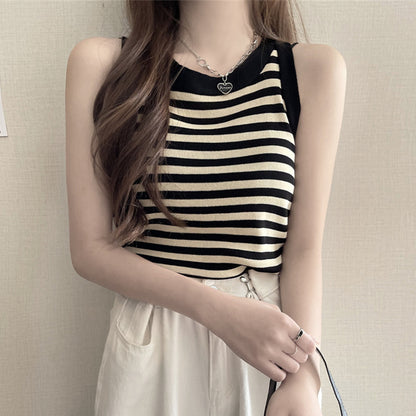 Sleeveless Striped Knit Crewneck Tank Top