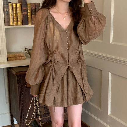 V-Neck Tie Drawstring Shirt High Waist Wide-Leg Shorts Set