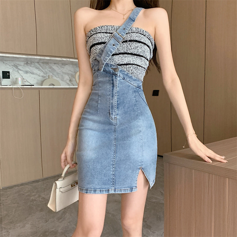 Slit High Waist A-Line Suspenders Denim Skirt