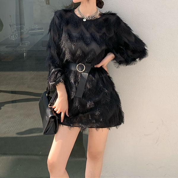 Fringe Long Sleeve Dress With Round Neck And Belt