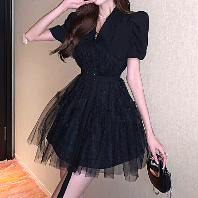 Mesh Suit Collar Waist Puff Sleeve Dress