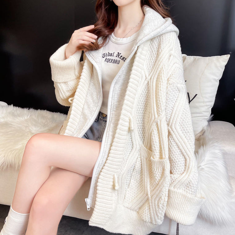 Twist Fake Two Piece Hooded Knitting Cardigan