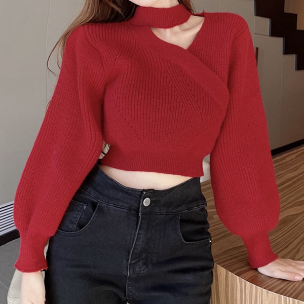 V-Neck Puff Sleeve Warm Knitted Sweater Top