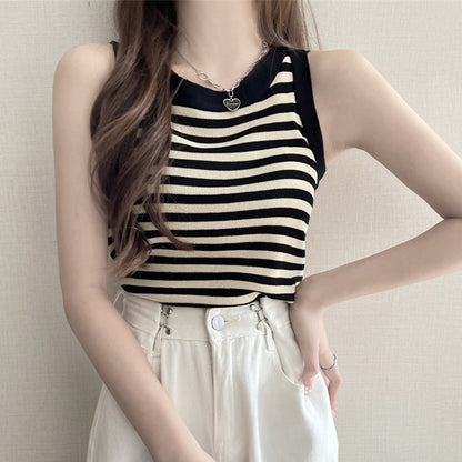 Sleeveless Striped Knit Crewneck Tank Top