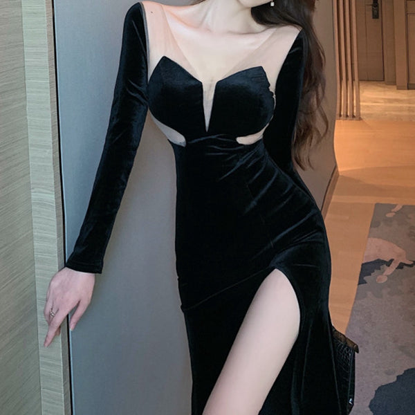 High Waist Slit Slim Fit Long Sleeve Homecoming Black Dress