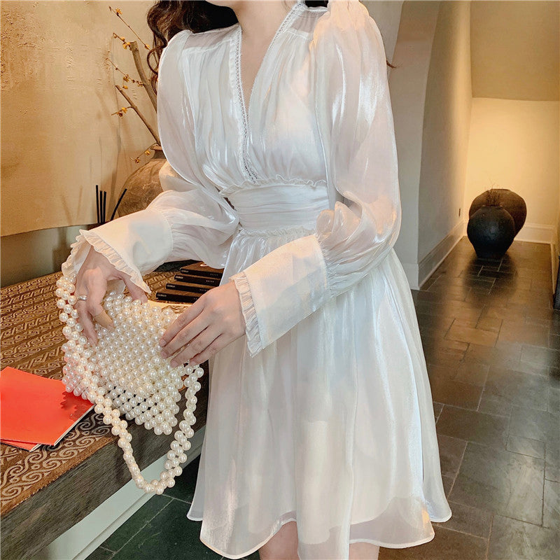 High Waist Ruffled V-Neck Puff Sleeve White Dress