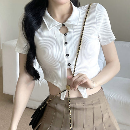 Polo Neck Short Sleeve Top Pleated Skirt Set