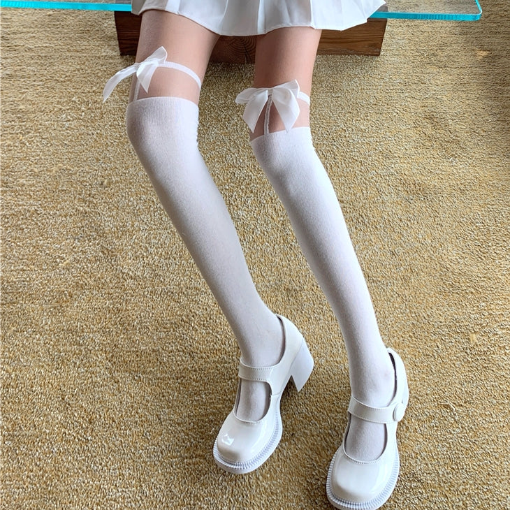 Ribbon Tall Knit Over The Knee Socks