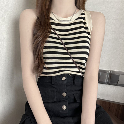 Sleeveless Striped Knit Crewneck Tank Top