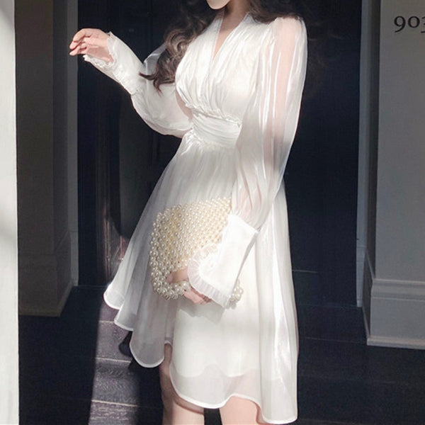 High Waist Ruffled V-Neck Puff Sleeve White Dress