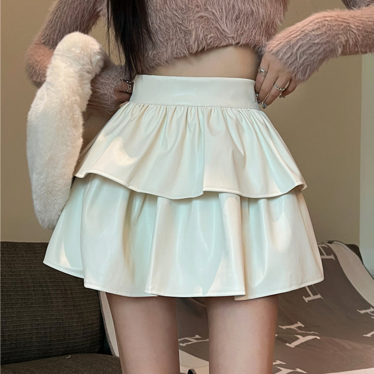 Ruffled Puffy Solid Color High Waist Short Leather Skirt