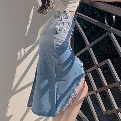 High Waist Gradient Blue Denim Slit Skirt