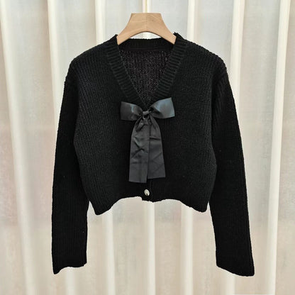 Bow Cropped V-Neck Long Sleeve Knit Cardigan