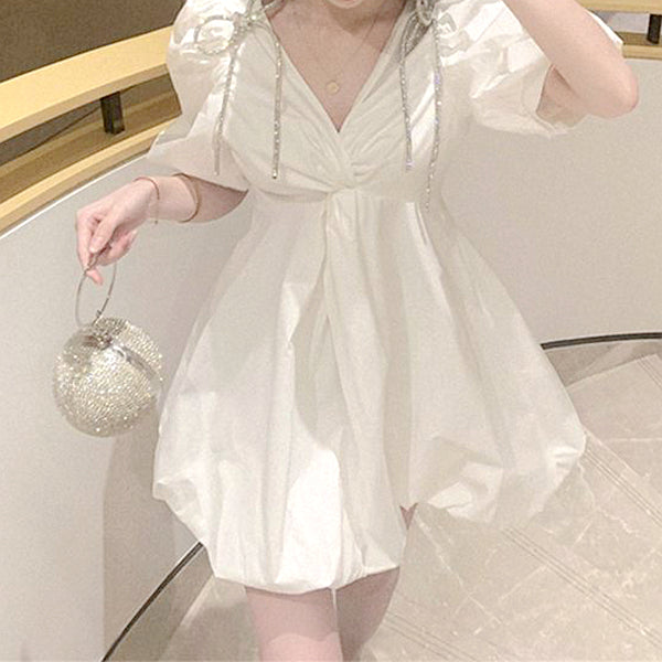 Puff Sleeve V-Neck Fluffy White Dress